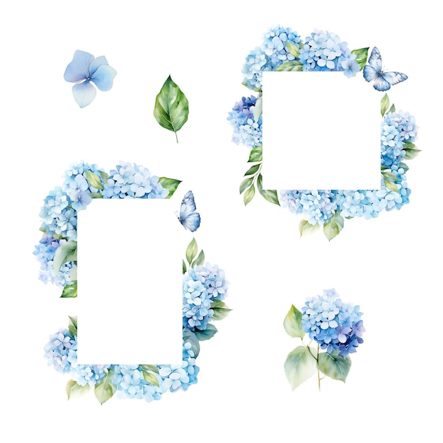 frames with watercolor blue hydrangea set
