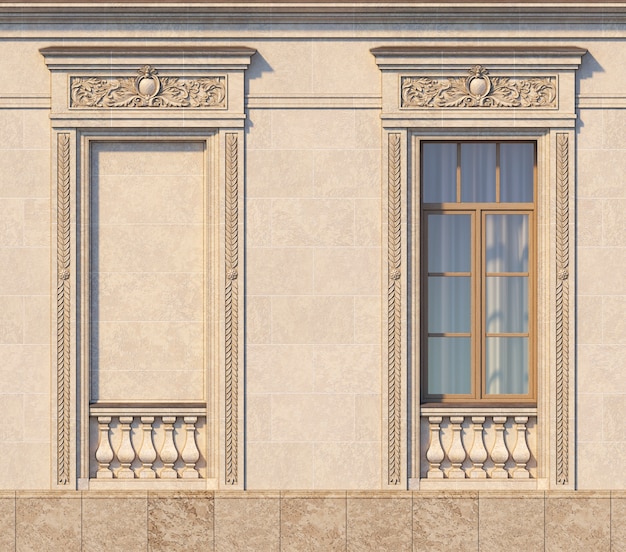 Photo framing of windows in classic style on the stone. 3d rendering.