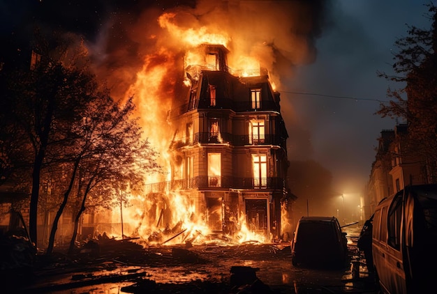 Photo in france at a fire house on a in the city in the style of apocalypse landscape