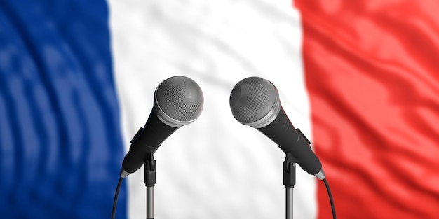 France flag background with two microphones in front of it Close up view 3d illustration