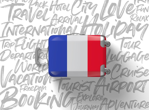 フランスの旗のスーツケース旅行の背景dレンダリング
