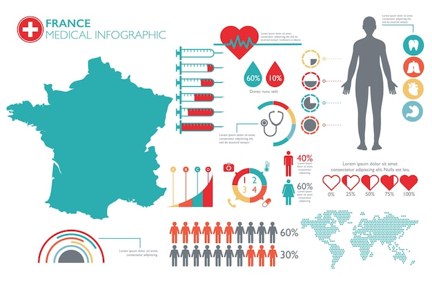 France medical healthcare infographic template with map and multiple charts