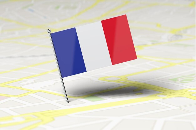 Photo france national flag location pin stuck into a city road map 3d rendering