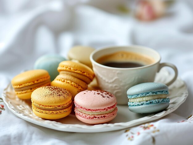 Photo france one colorful macarons with cup of coffee on white plate on white background studio light ar 43 style raw stylize 150 v 6 job id 30416635934349eab31c95d70095d72c