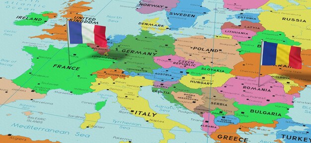 フランスとルーマニアの政治地図 3 D イラスト上のフラグをピンします。