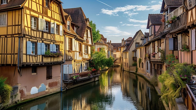 Photo france small waterway and classic halftimbered homes