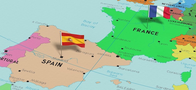 France and Spain pin flags on political map 3D illustration