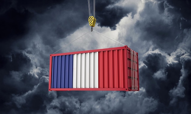 暗い雲にぶら下がっているフランスの貿易貨物コンテナdレンダリング