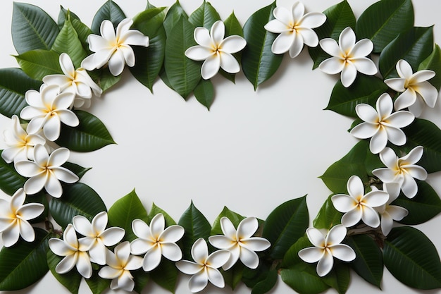 frangipani bloemen en groene bladeren witte achtergrond voor tekstruimte De afbeelding is omzoomd