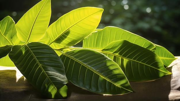 Frangipani leaves with the sun shining through