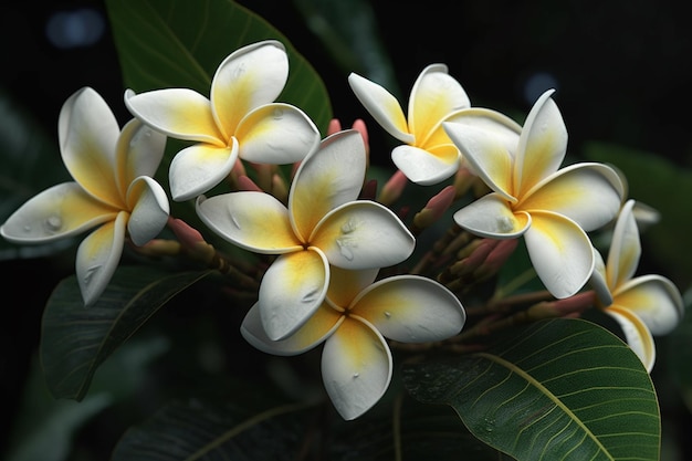 Frangipani or Plumeria flowers with leaves on a gray background 3D rendering generative ai