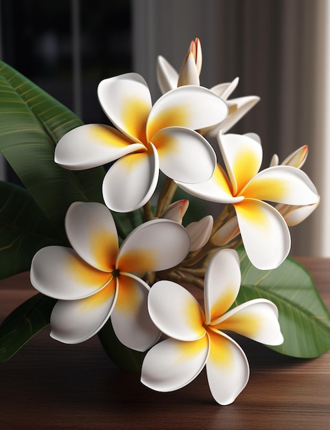 Frangipani or Plumeria flowers with leaves on a gray background 3D rendering generative ai