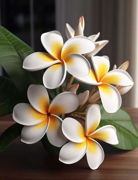 회색 배경 3D 렌더링 생성 ai에 잎이 있는 Frangipani 또는 Plumeria 꽃