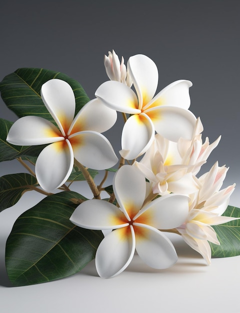 Frangipani or Plumeria flowers with leaves on a gray background 3D rendering generative ai