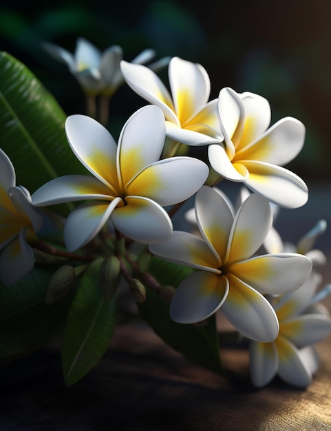 Frangipani or Plumeria flowers with leaves on a gray background 3D rendering generative ai