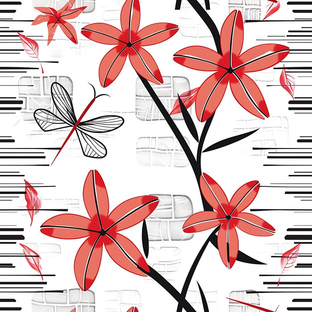 Frangipani With Dragonfly Contours and Flat Design With Bric Pattern Tile Seamless Art Tattoo Ink