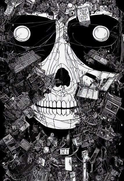 frankenstein, monstergezicht met verloren blik en schedel in stukken, halloween-afbeelding