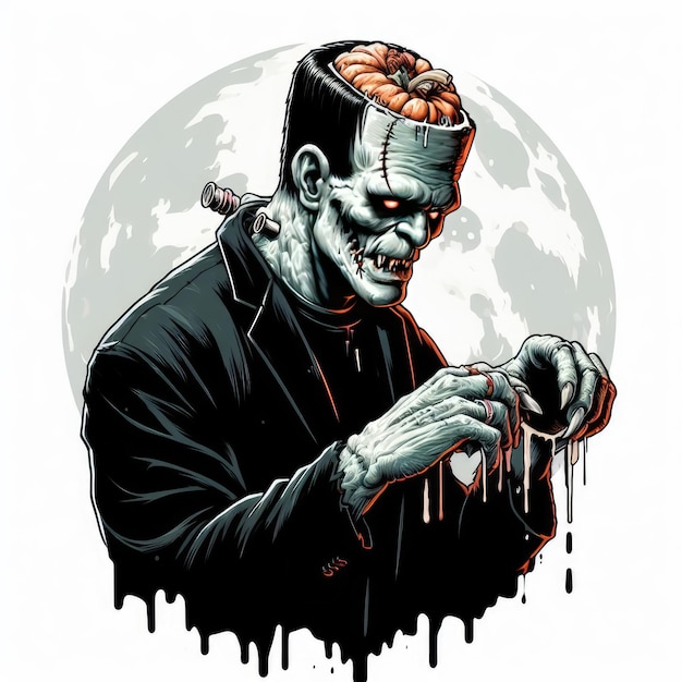 Frankenstein with pumpkin brain on white