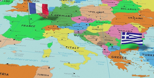 Frankrijk en Griekenland steken vlaggen op de politieke kaart 3D-illustratie