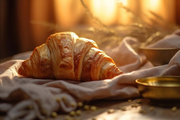 Frankrijk tafel achtergrond drankje beker bokeh croissant ontbijt bakkerij ochtend voedsel achtergrond generatieve AI