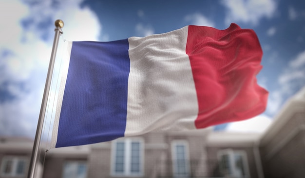 Frankrijk Vlag 3D-rendering op de blauwe hemel gebouw achtergrond
