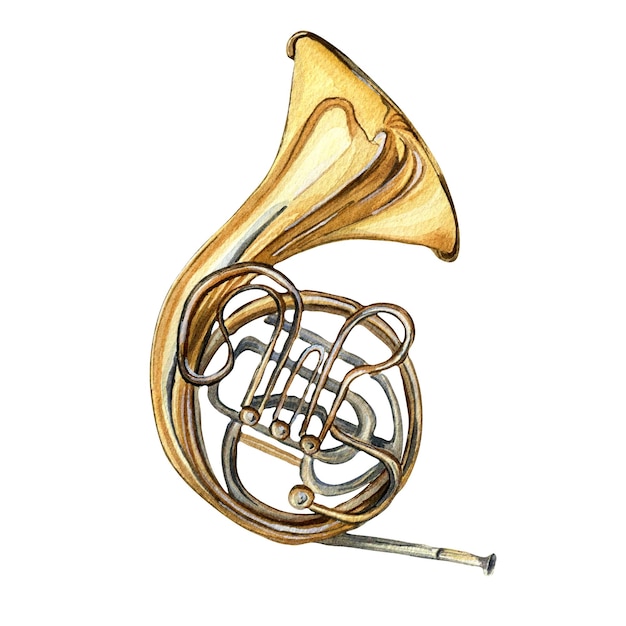 Frans hoorn koperen muziekinstrument aquarel illustratie op witte achtergrond