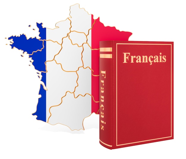 Frans taalboek met kaart van Frankrijk 3D-rendering geïsoleerd op witte achtergrond