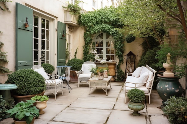 Frans terras met potplanten, lantaarns en loungestoelen gemaakt met generatieve ai