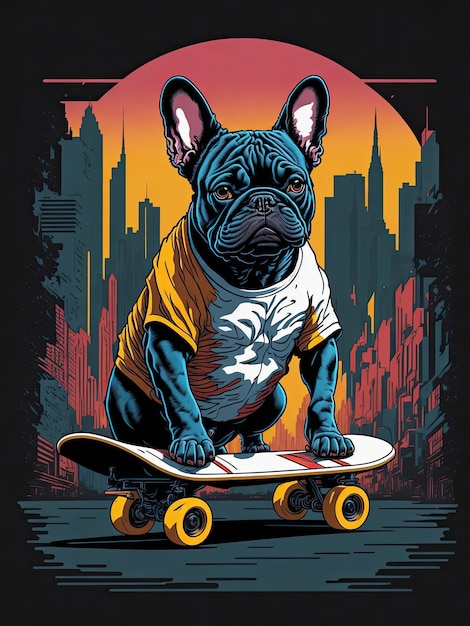 Franse buldog op skateboard in de stad