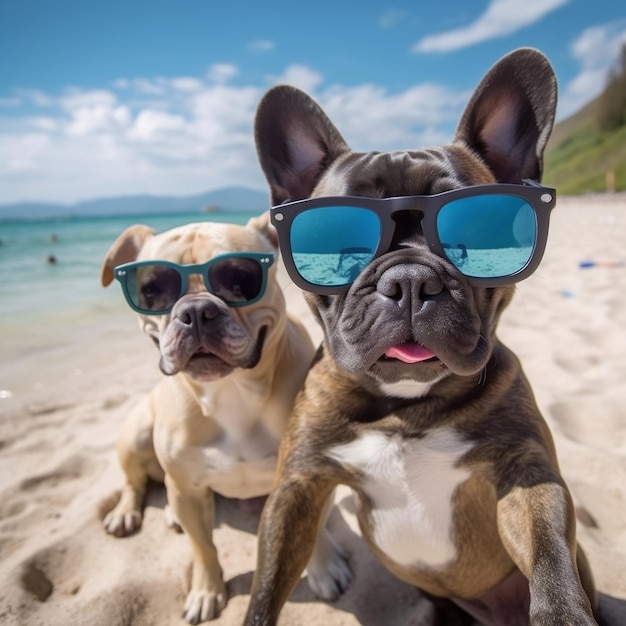 Franse buldoggen nemen selfies op het strand met zonnebril Een leuk en eigenzinnig concept Generatieve AI