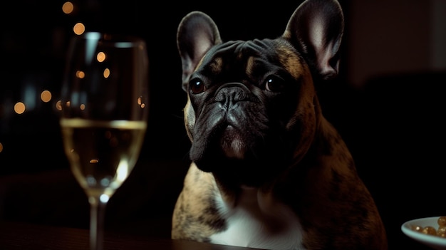 Franse Bulldog die champagne drinkt op oudejaarsfeest Generatieve AI
