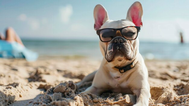 Foto franse bulldog geniet op het zand in de oceaan terwijl hij een zonnebril draagt