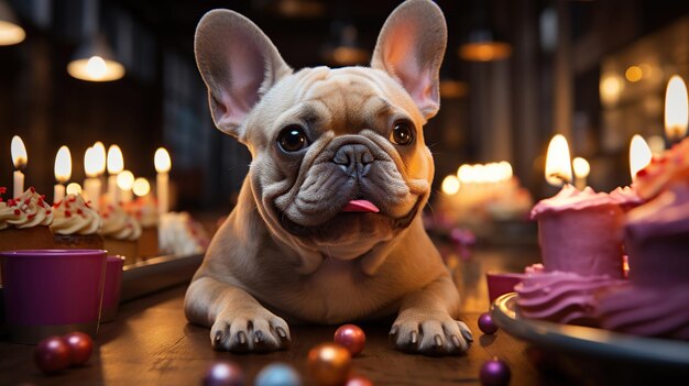 Franse Bulldog hond met feestmuts voor verjaardagstaart