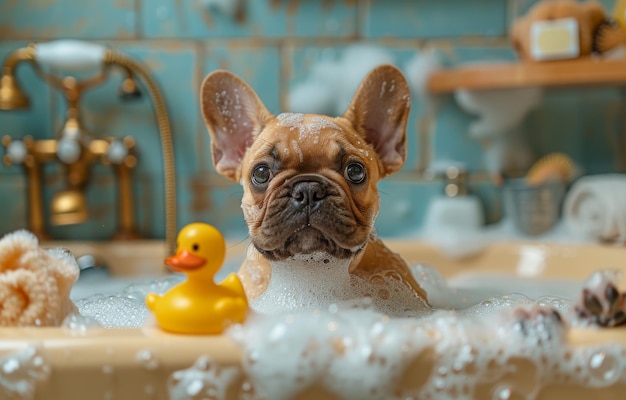 Foto franse bulldog in bad met schuim en eend