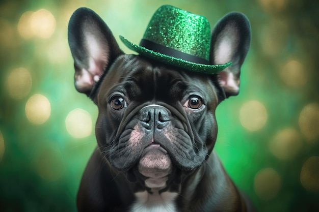 Franse bulldog in een groene glimmende hoed op een feestelijke bokeh achtergrond Saint Patrick's day Generative AI