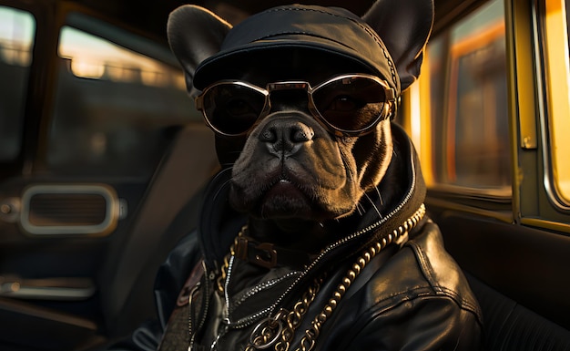 Franse Bulldog in gangsterstijl met lederen uitrusting en gouden kettingen
