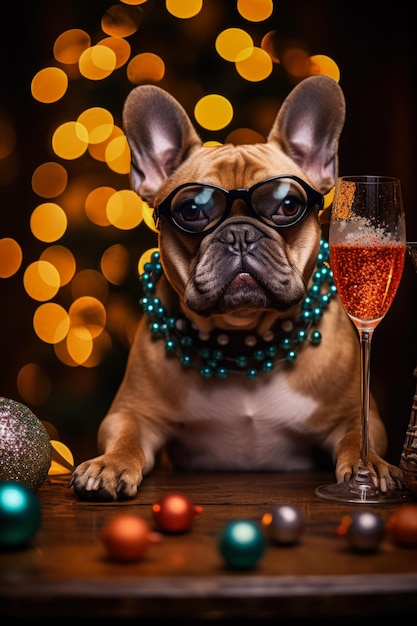 Franse Bulldog luidt het nieuwe jaar in met stijlvolle feestelijke feestbrillen