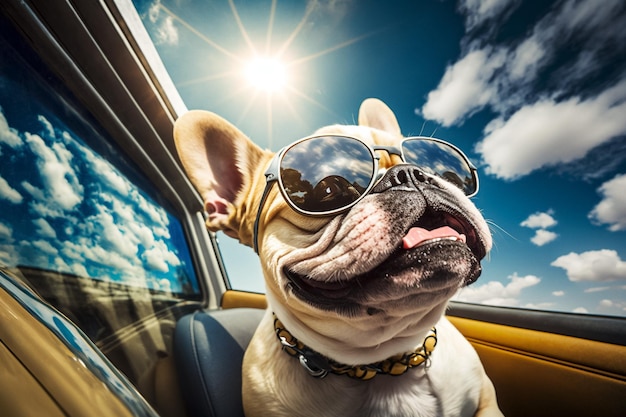 Franse bulldog met zonnebril geniet van autorit Generatieve AI