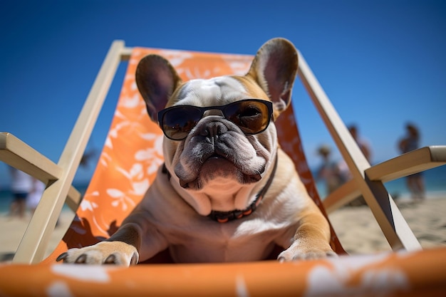 Franse Bulldog ontspannen in een ligstoel op het strand Generatieve Ai