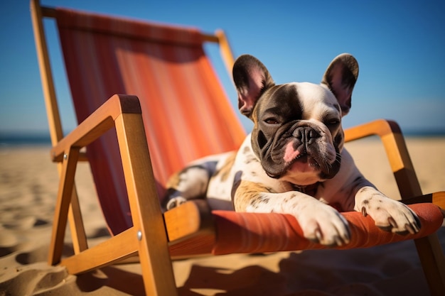 Franse Bulldog ontspannen in een ligstoel op het strand Generatieve Ai