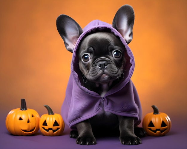 Franse bulldog puppy in een paarse cape met pompoenen voor Halloween Generative AI