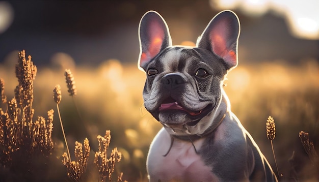 Franse bulldog puppy zittend in het gras in de avond lightgeneratieve ai