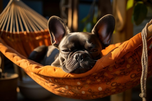 Franse Bulldog slaapt vredig in een hangmat Generatieve Ai
