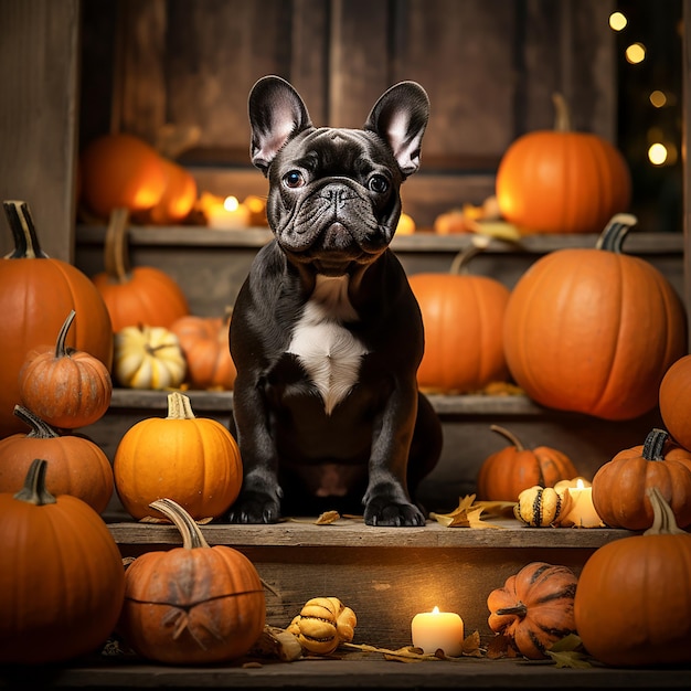 Franse bulldog zit op de voordeur met halloween pompoenen's nachts