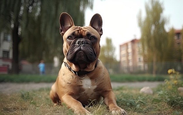 Foto franse bulldog zit op het gras in het park professionele reclame post foto ai gegenereerd