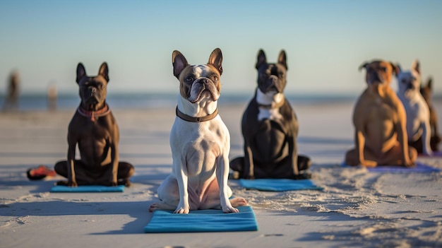 Franse bulldog zittend op een yogamat op het strand