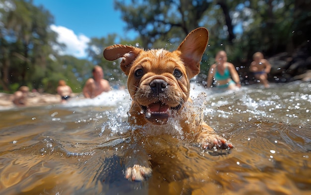 Franse bulldog zwemt in de rivier met mensen