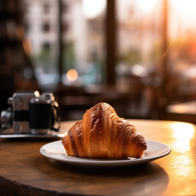 Franse croissant is op een houten tafel.