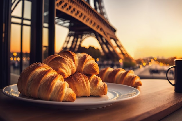 Franse croissants in een coffeeshop met de Eiffeltoren op de achtergrond Generatieve AI