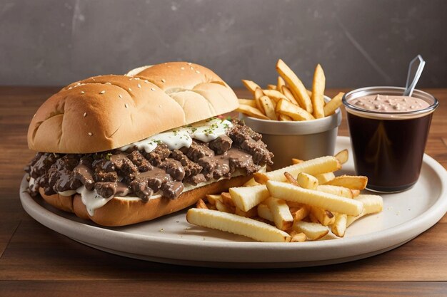 Franse dip sandwich en friet met een kom au jus op de achtergrond op een houten bord